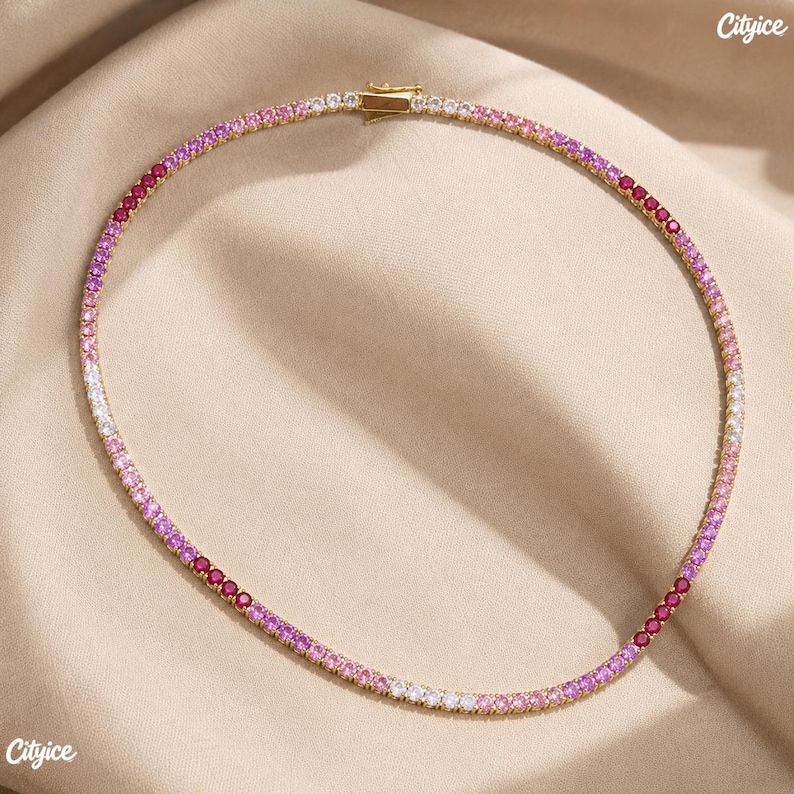 Ombre Pink Tennis Chain, Women Crystal Choker, Girls Gradient Necklace, Gold Plated Bracelet, Dainty Jewelry Birthday Gift for Her image 14