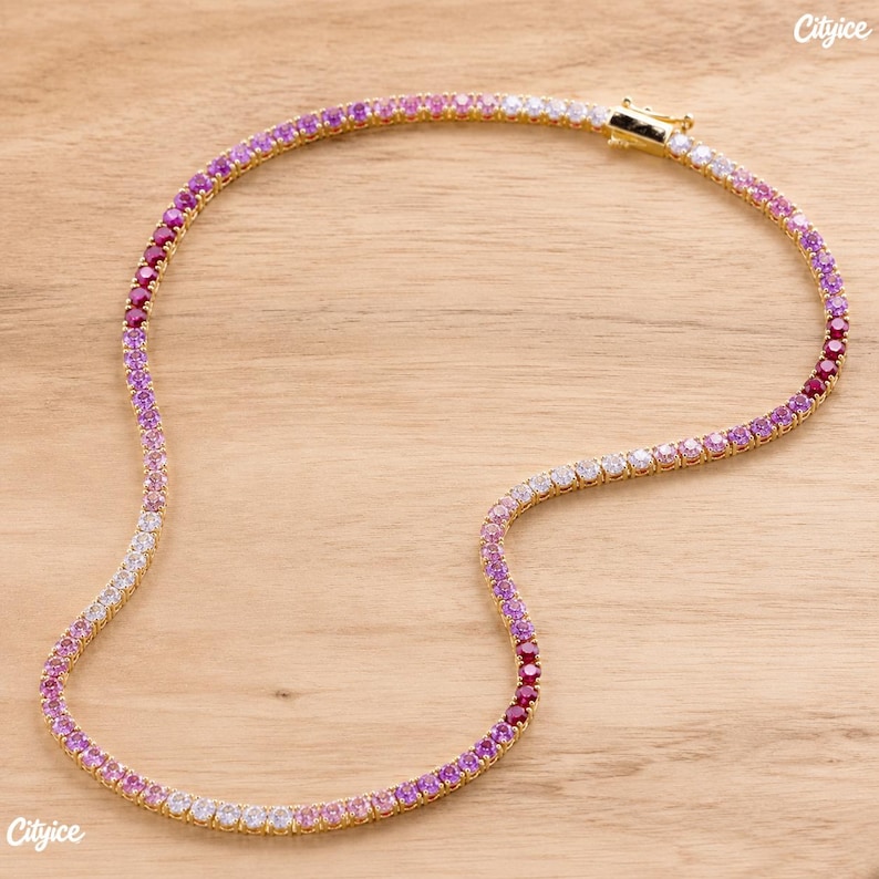 Ombre Pink Tennis Chain, Women Crystal Choker, Girls Gradient Necklace, Gold Plated Bracelet, Dainty Jewelry Birthday Gift for Her image 12