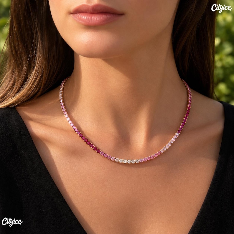 Ombre Pink Tennis Chain, Women Crystal Choker, Girls Gradient Necklace, Gold Plated Bracelet, Dainty Jewelry Birthday Gift for Her image 15