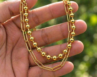 Gold Stainless Steel Layered Paperclip Chain Bead Ball Necklace Bracelet Hip Hop Streetwear Jewelry Gift for Men Women