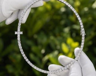 Iced Out Sideways Cross Bracelet, 4mm Silver Tennis Chain Necklace, Bling CZ Alphabet Jewelry Layering, Unisex Trendy Gift for Him