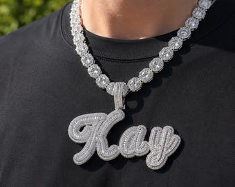 Iced Out Baguette Letter Necklace for Men, Custom Initial Pendant, Mens Hip Hop Chain, Bling Streetwear Alphabet Jewelry Gift