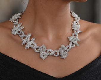 Custom Spiked Thorn Letter Chain, Cyberpunk Iced Out Name Necklace, Gothic Bling Pendant, Personalized Techwear Accessory, Gift for Him