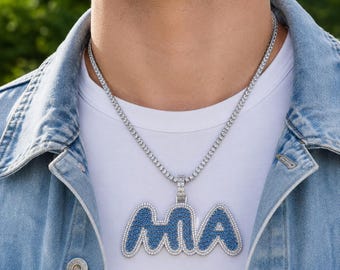 Baguette Cut Custom Necklace Unisex Iced Out Bubble Number Pendant Blue Crystal Choker Punk Streetwear Jewelry Cool Gift for Guys