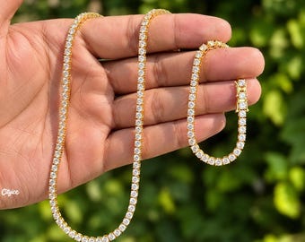 Iced Out CZ Tennis Chain Necklace Bracelet Gold Plated Copper Bling Hip Hop Jewelry Gift for Women Men 3mm-5mm