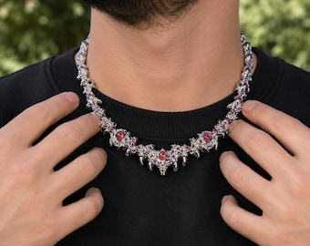 Gothic Red Evil Eye Thorn Necklace Spike Hip Hop Iced Out Chain Bling Punk Rock Choker Statement Jewelry Gift for Men Boyfriend