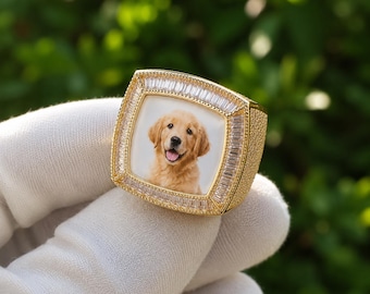 Custom Photo Ring for Men Women, Iced Out Baguette CZ Square Ring, Personalized Picture Ring, Hip Hop Bling Statement Jewelry