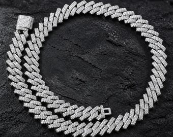14mm Rhombus Cuban Link Chain, Iced Out Prong Curb Necklace for Men Women, 18K Gold Plated Hip Hop Jewelry, Bold Streetwear Gift