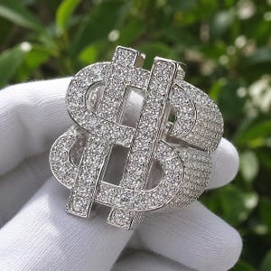 Anillo con símbolo de dólar brillante, anillo de hip hop de plata y oro para raperos, joyería estilo callejero Y2K, anillo de dinero calado, anillo llamativo para hombres