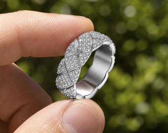Moissanite Quilted Band Ring S925 Sterling Silver Geometric Lattice Ring for Men Women, 18K Gold Plated Luxury Ring Gift Him Her
