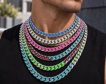 Colorful Enamel Cuban Chain Necklace Stainless Steel Neon Drip Oil Hip Hop Streetwear Choker Jewelry Gift for Men Women