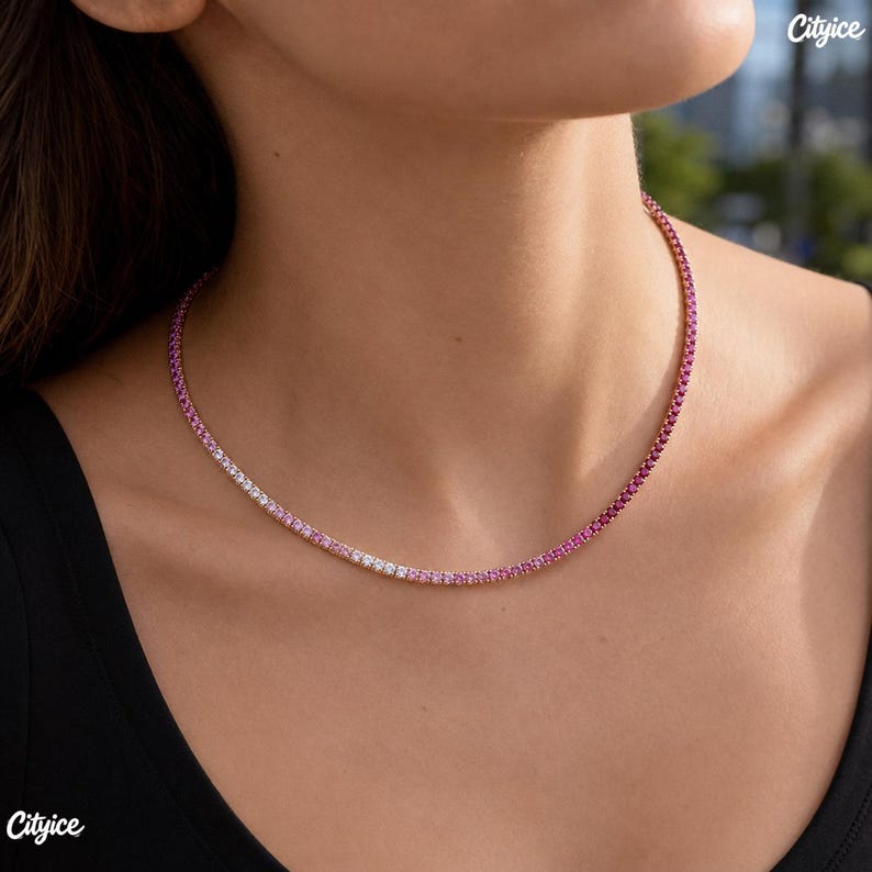 Ombre Pink Tennis Chain, Women Crystal Choker, Girls Gradient Necklace, Gold Plated Bracelet, Dainty Jewelry Birthday Gift for Her image 10