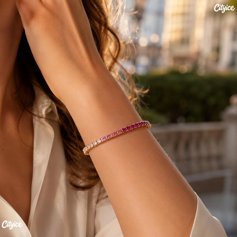 Ombre Pink Tennis Chain, Women Crystal Choker, Girls Gradient Necklace, Gold Plated Bracelet, Dainty Jewelry Birthday Gift for Her image 4