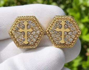Cross Stud Earrings for Men Women, Geometric Square Bling Studs, Copper Punk Gothic Jewelry, Starburst Cluster Gift