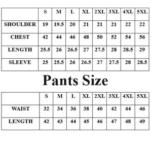 May include: A size chart for clothing, featuring measurements for shoulders, chest, length, and sleeve length. The chart also includes pants size measurements for waist and length, with sizes ranging from S to 5XL.