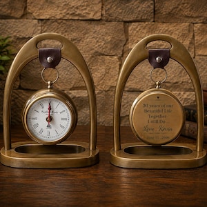 Personalized Brass Desk Clock, Custom Engraved Anniversary Gift for Husband, Retirement Clock, Stirrup Clock, Unique Office Decor,