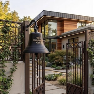 May include: A matte black metal bell mounted on a dark brown metal gate post. The bell features the gold-coloured text "Her Hundred Club" on its side and hangs from a curved bracket with a thick, light-coloured rope pull attached to the clapper.