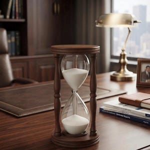 Könnte beinhalten: Eine Sanduhr aus Holz mit dunkelbraunem Finish und klaren Glaskolben, die weißen Sand enthalten. Der Rahmen besteht aus zwei runden Endstücken, die durch vier vertikale, gedrechselte Holzsäulen verbunden sind und das Glas halten.
