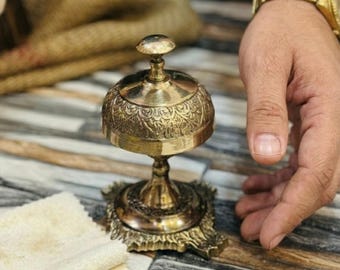 Vintage Brass Engraved Desk Bell | Hotel Reception Service Bell | Antique Victorian Decor
