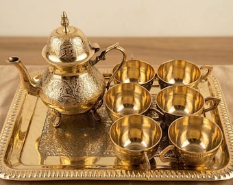 Vintage Hand-Engraved Brass Tea Set – Ornate Moroccan Style Teapot, Tray, 6 Cups Anniversary Gift