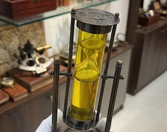 Personalised Brass Hourglass With Compass | Yellow Liquid Sand Timer (1 Minute)
