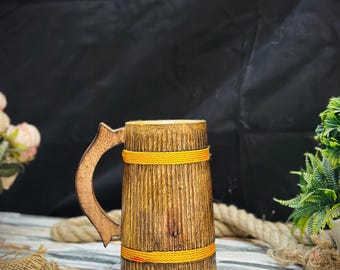 Hand Carved Wooden Beer Mug: Vintage Engraved Tankard with Rope , Beer Lover Gift