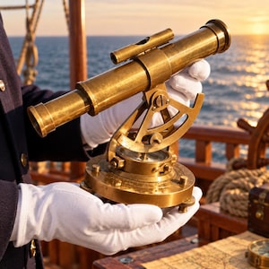 May include: A polished brass nautical sextant featuring a telescope, an arc with graduated markings, and a circular base. The instrument is held by hands wearing white gloves, showcasing its metallic finish and intricate mechanical components.