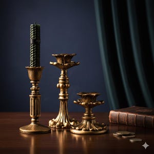 Puede incluir: Tres candelabros dorados antiguos de diferentes alturas se exhiben sobre una superficie de madera. Un candelabro alto sostiene una vela verde texturizada. También se ven un libro encuadernado en cuero y varias monedas, lo que sugiere una estética vintage.