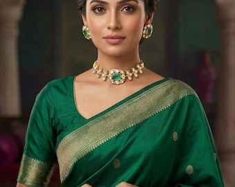 Conjunto de collar gargantilla verde esmeralda, joyería nupcial Kundan, boda minimalista, oro étnico, joyería india