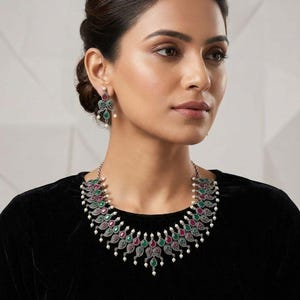 Vintage Emerald Ruby Necklace Set, Pearl Fringe Statement Jewelry, Artisan Bridal Necklace