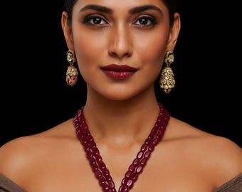 Maroon Kundan Beaded Necklace Set: Antique Gold Indian Bridal Jewelry