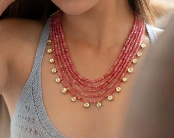 Collana con perline di pietre preziose rosa / Regalo per sposa e damigella d'onore, collana a più fili / Elegante gioiello da donna