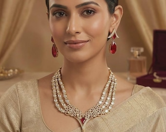 Red Gemstone Traditional Necklace Set | Handmade Kundan Bridal Jewelry | Wedding Gift for Her