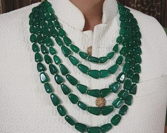 Green Beaded Multi Strand Necklace, Statement Chunky Necklace, Ethnic Bridal Jewelry,