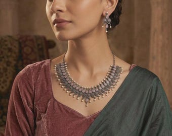 Blush Pink Stone Necklace Set with Pearls | Vintage Style Indian Jewelry | Elegant Statement Necklace