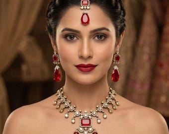 Red Bridal Jewelry Set, Indian Wedding Necklace with Maang Tikka, Kundan Statement Necklace