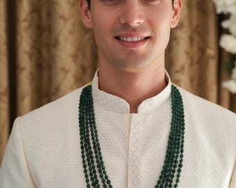 Grün Multi Strang Perlen Halskette für Männer, Ethnische Mala Halskette, Traditionelle Bräutigam Schmuck