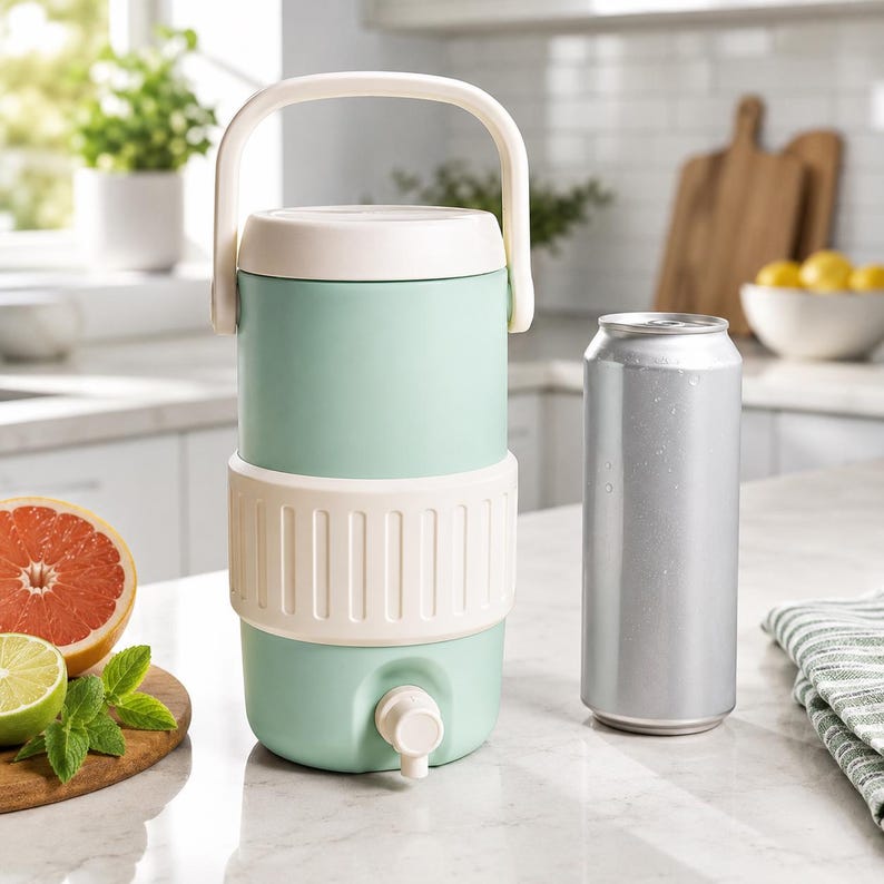 May include: A mint green and cream-colored beverage cooler with a white handle and spigot. A silver can sits next to the cooler. The cooler is designed to keep drinks cold and is suitable for outdoor events or home use.