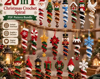 クリスマスかぎ針編みスパイラルパターン20種類セット（PDF）｜風車オーナメントパターン｜サンタ、雪だるま、トナカイ、エルフ、ペンギン｜英語＆ドイツ語版（即時ダウンロード可能）