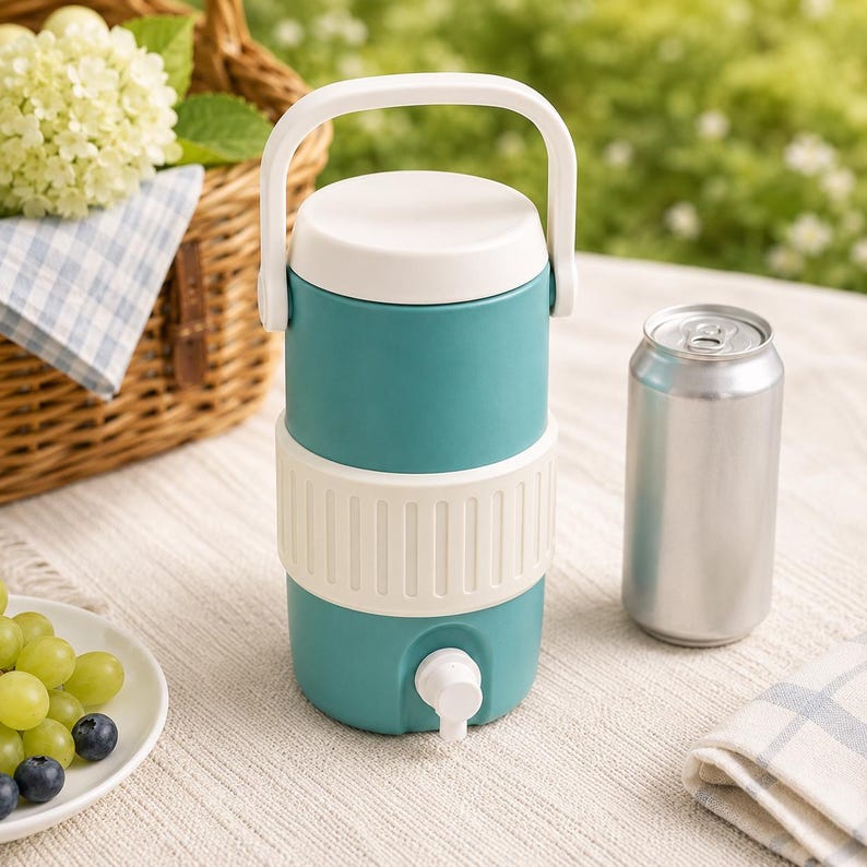 May include: A teal and white water cooler with a white handle and spigot. A silver can sits next to the cooler. The cooler is on a white surface with a picnic basket and grapes in the background.