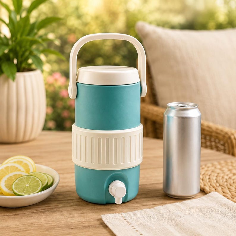 May include: A teal and white insulated water cooler with a white handle and spigot. A silver can sits next to the cooler on a wooden table. Sliced lemons and limes are in a white bowl.