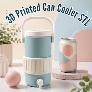 May include: A light blue 3D printed can cooler with a white handle and a spigot. The cooler has a cream-colored band around the middle. A can with a landscape design sits nearby. The text "3D Printed Can Cooler STL" is at the top.