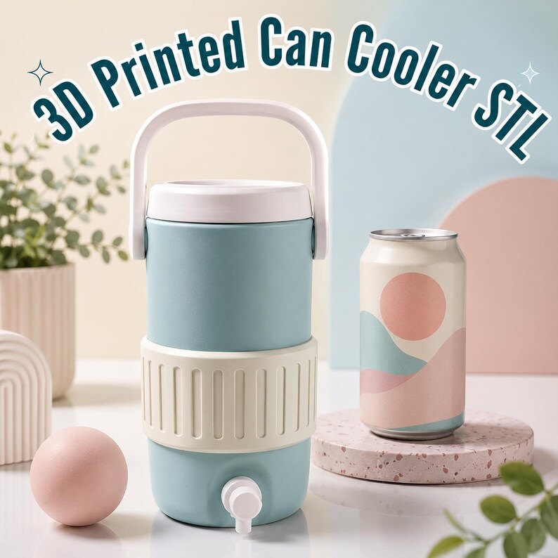 May include: A light blue 3D printed can cooler with a white handle and a spigot. The cooler has a cream-colored band around the middle. A can with a landscape design sits nearby. The text "3D Printed Can Cooler STL" is at the top.