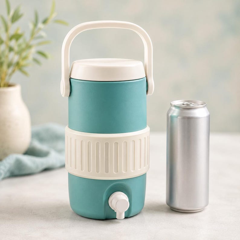 May include: A teal and white insulated water cooler with a white handle and spigot. The cooler has a cylindrical shape and a white band around the middle. A silver can is next to the cooler.