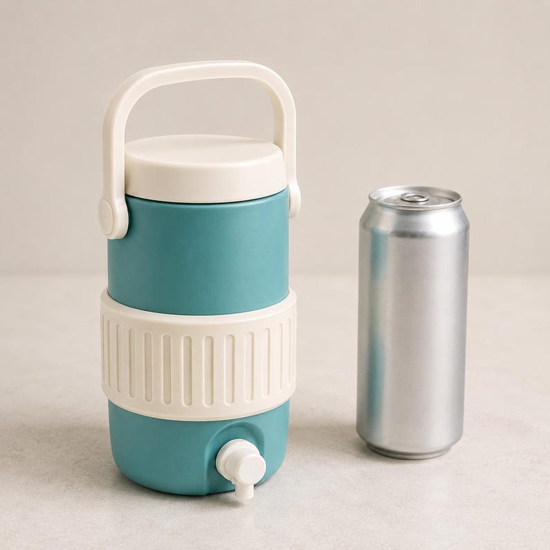 May include: A teal and off-white water cooler with a handle and spigot, next to a silver aluminum can. The cooler has a cylindrical shape with a white lid and handle. The can is a standard size.