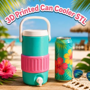 May include: A teal and pink can cooler with a white handle and spigot, next to a can with a tropical floral design. The text "3D Printed Can Cooler STL" is arched above the cooler. The scene is set on a beach with palm trees and blue skies.