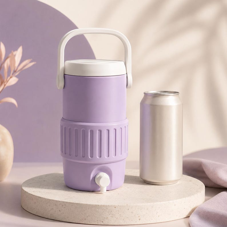 May include: A lilac-colored water cooler with a white handle and lid, next to a silver can. The cooler has a spigot and a ribbed design around the middle. The cooler is on a round, light-colored pedestal.