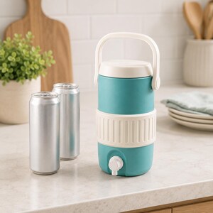 May include: A teal and white insulated water cooler with a white handle and spigot. Two silver aluminum cans are next to the cooler. The cooler is designed to keep beverages cold and is ideal for outdoor events.