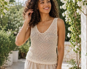 Crochet Top Pattern PDF, V-Neck Lace Mesh Crochet Tank Top, Cotton Boho Summer Top Women S-XL, Beach Cover Up Instant Download Gift