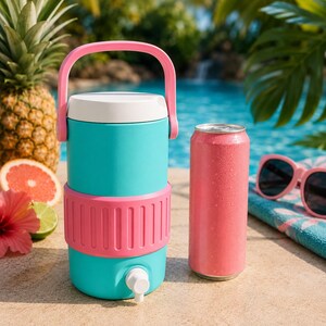 May include: A teal and pink beverage cooler with a white lid and a pink handle. A pink can of soda sits next to the cooler. The background includes a swimming pool, sunglasses, and tropical fruit.